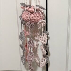 Handmade Crochet Hanging Decor with Pink and Gray Leaves
